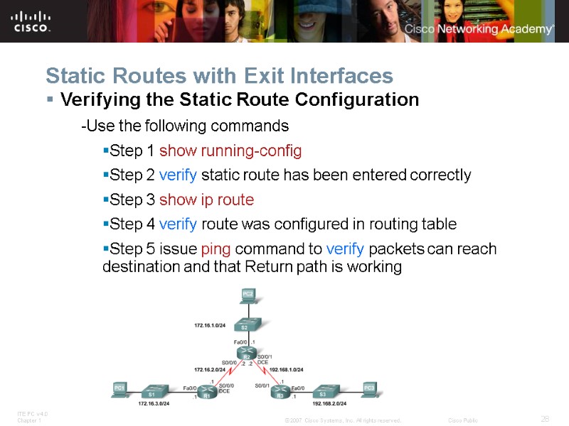 Static Routes with Exit Interfaces Verifying the Static Route Configuration -Use the following commands